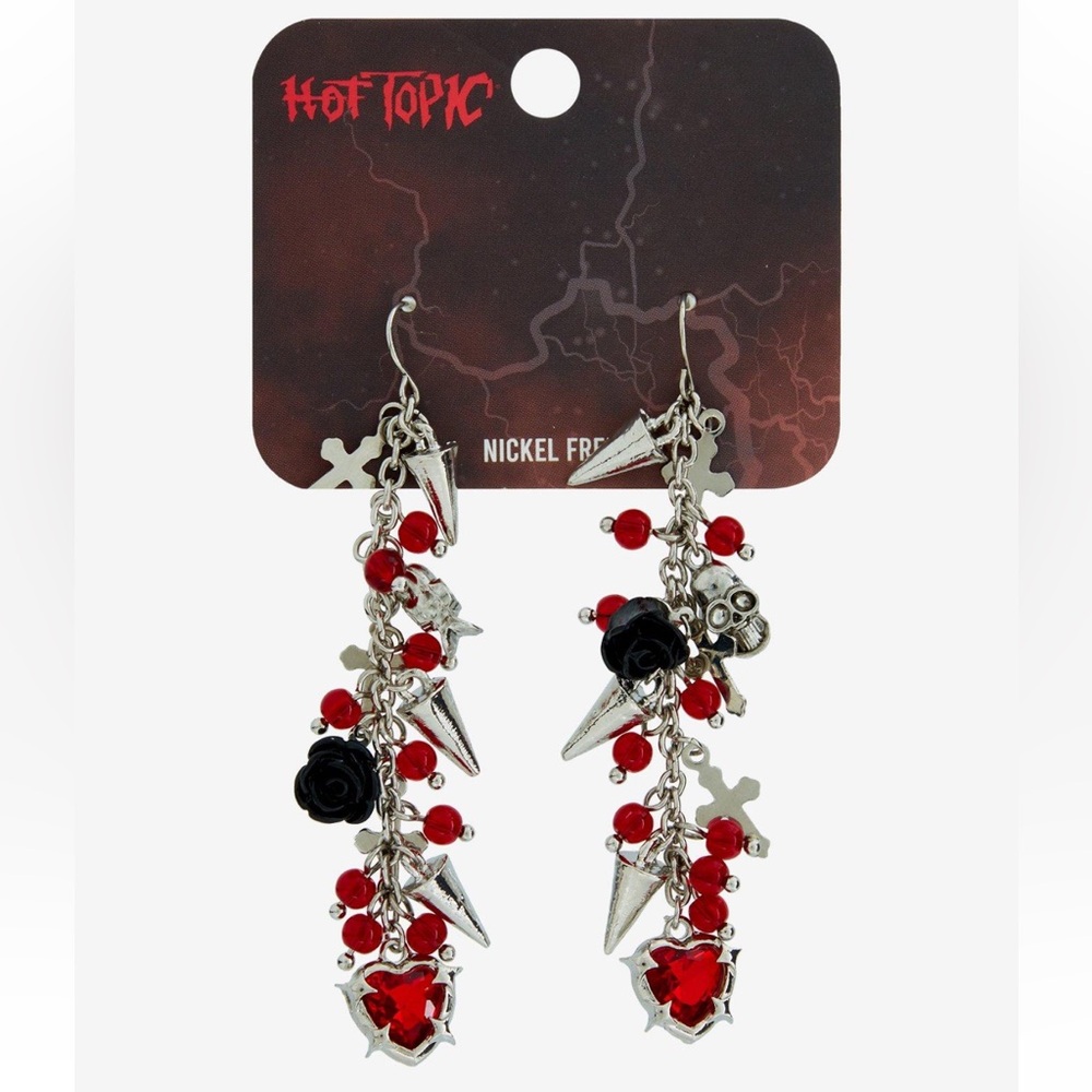 Heart Spike Black Rose Drop Earrings Hot Topic Halloween Horror Gothic